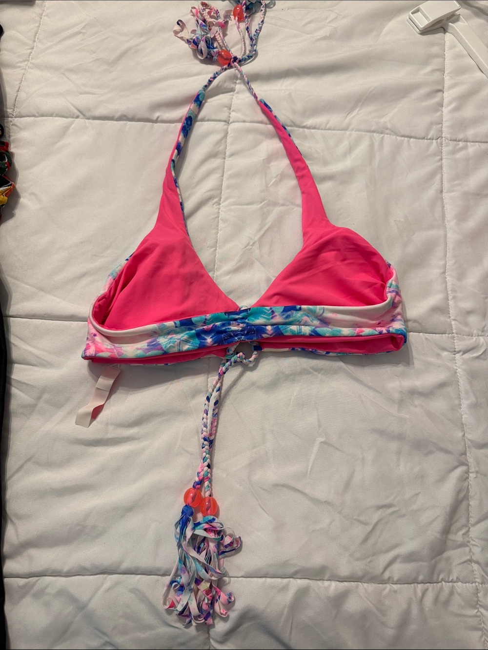 *Reversible*  Colorful / Hot Pink Floral Tie-Front Halter Bikini Top - Picture 3 of 4